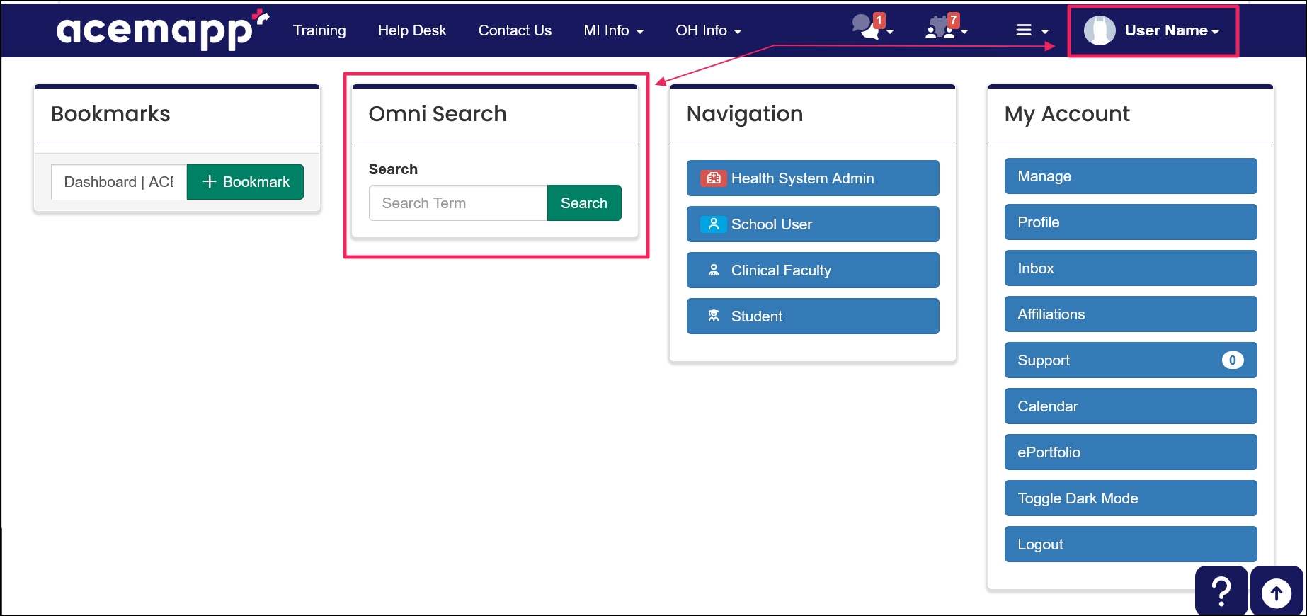 Main drop-down from Name/Avatar highlighting Name/Avatar and Omni Search panel.