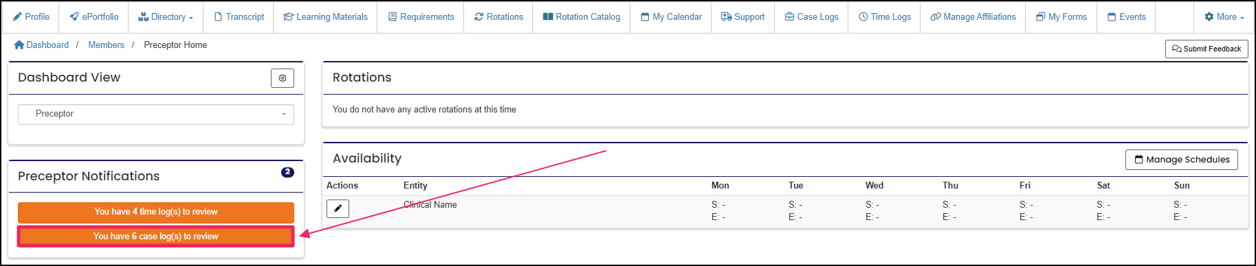 Pending Case Logs to review button in Preceptor Notifications section.