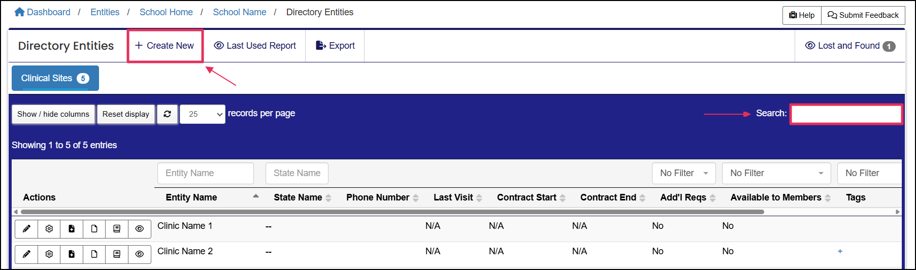 Directory Entities table highlighting Create New button.