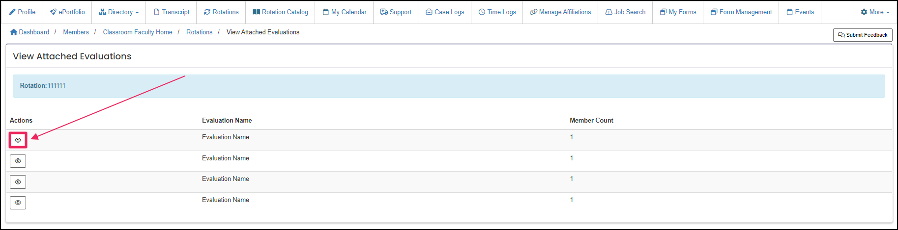 View Attached Evaluations page highlighting view button.