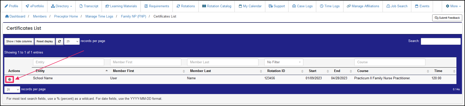 Certificate List highlighting the view button.