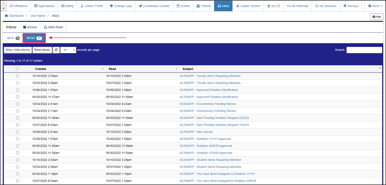 Read tab option in inbox to view read messages.