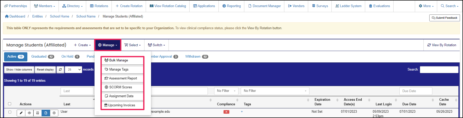 Manage Students table example highlighting Manage dropdown button and Bulk Manage, Manage Tags, Assessment Report, SCORM Scors, Assignment Data, and Upcoming Invoices buttons.