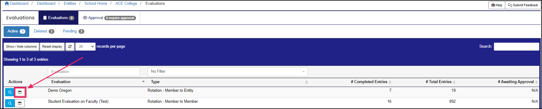 Evaluations table highlighting Reports button.