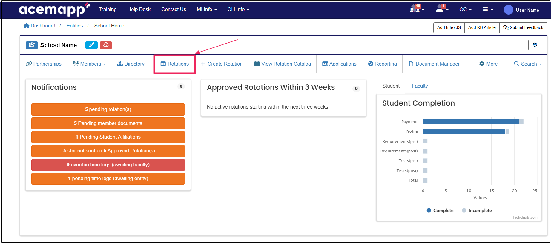 User nav bar highlighting rotations button