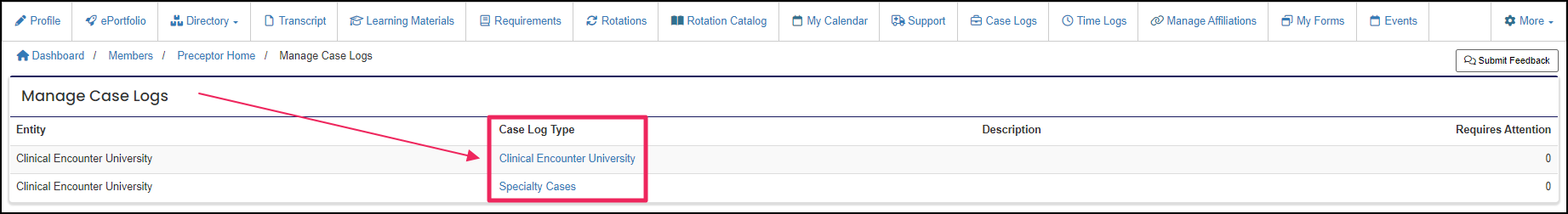 Manage Case Logs table, highlighting the Case Log type.