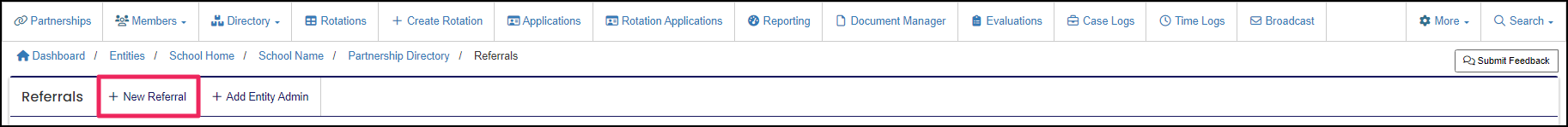 Referrals page highlighting the New Referral button.