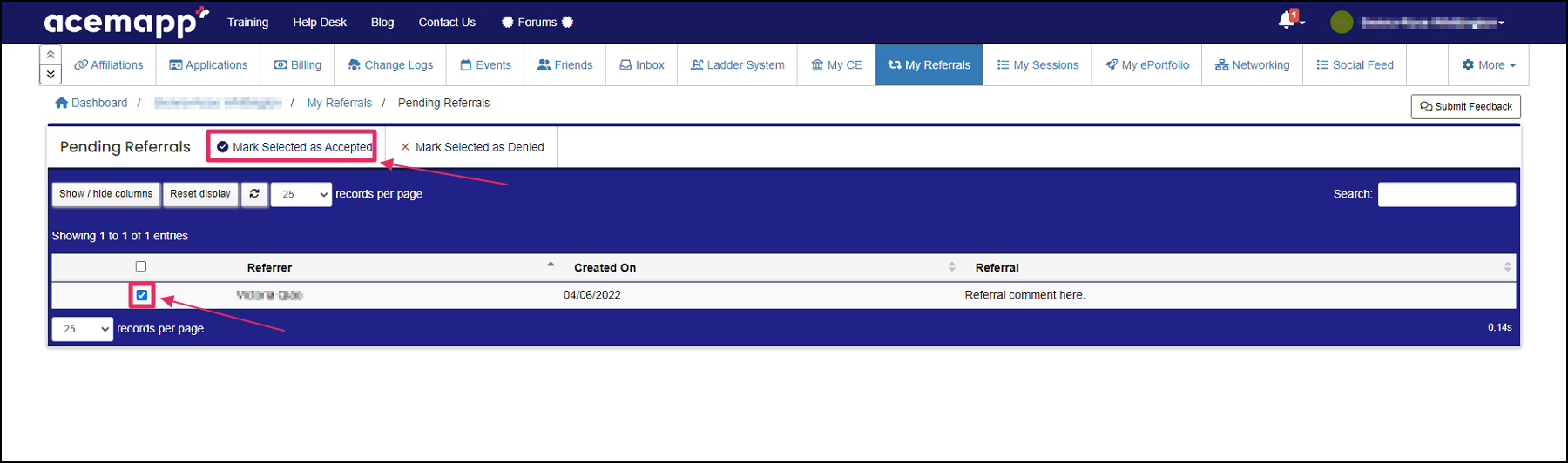 Pending referrals page highlighting Mark Selected as Accepted button and checkbox.