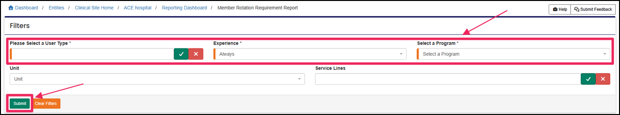 Member Rotation Requirement report filter options User Type, Experience, and Select a Program selectors and Submit button.