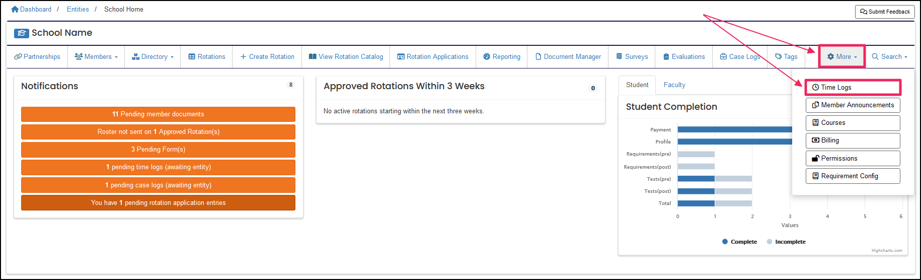 User home page highlighting the More dropdown button and Time Logs button.