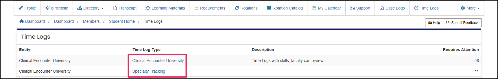 Time Logs table highlighting links to Time Log types.
