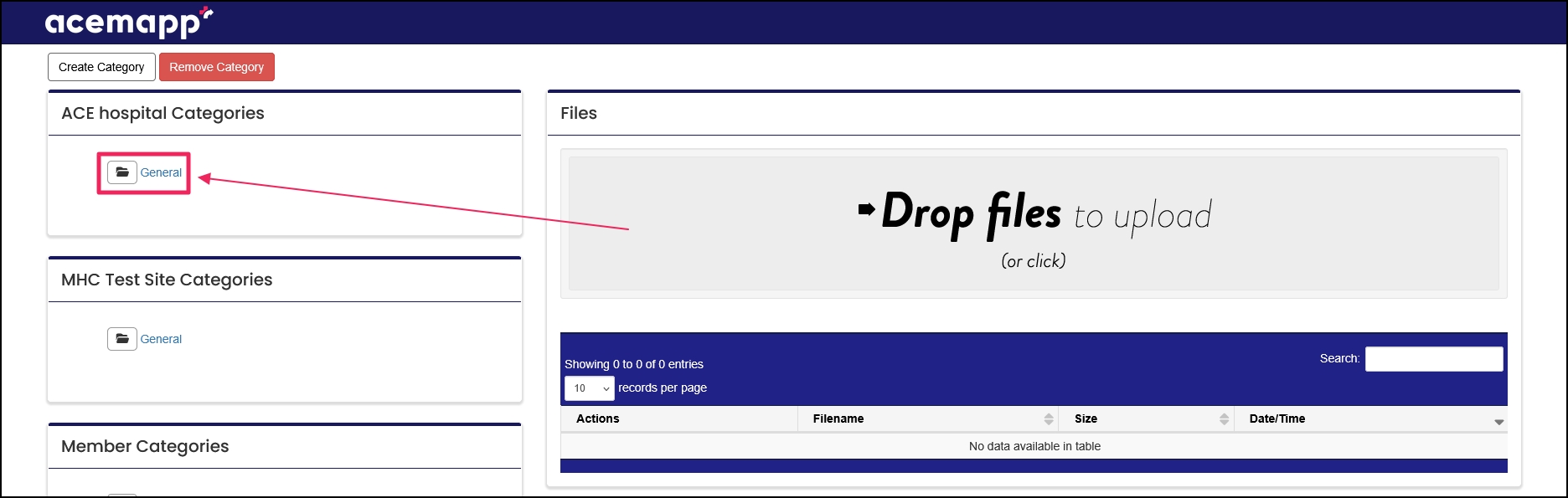 Uploaded files table highlighting General folder category.