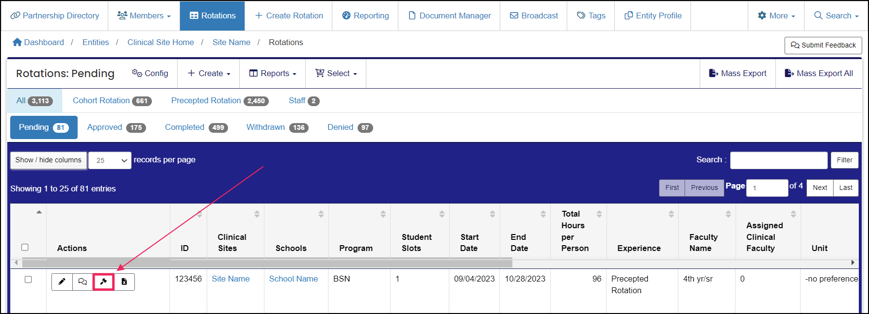Rotations table highlighting Quick Decided button in actions column.