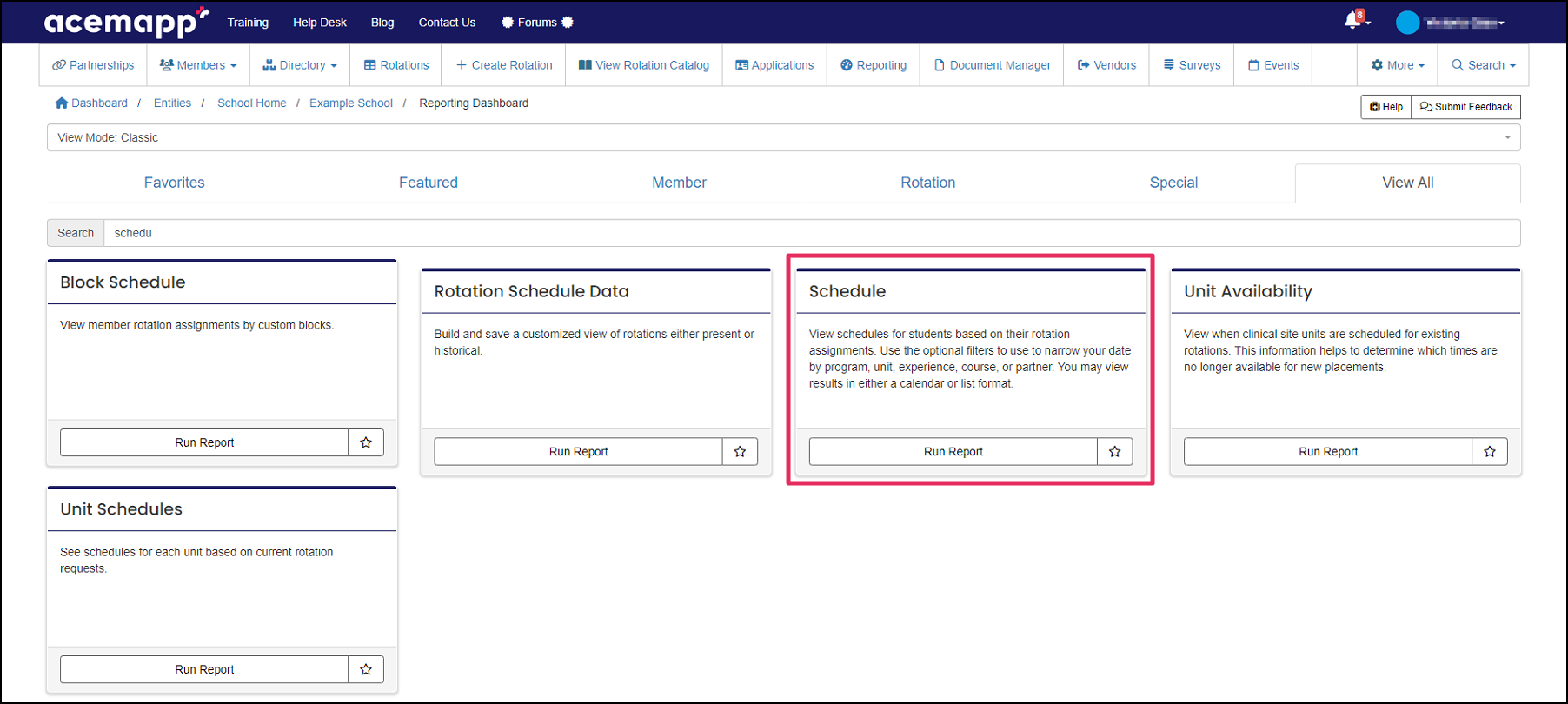 Reporting Dashboard highlighting Schedule tile.