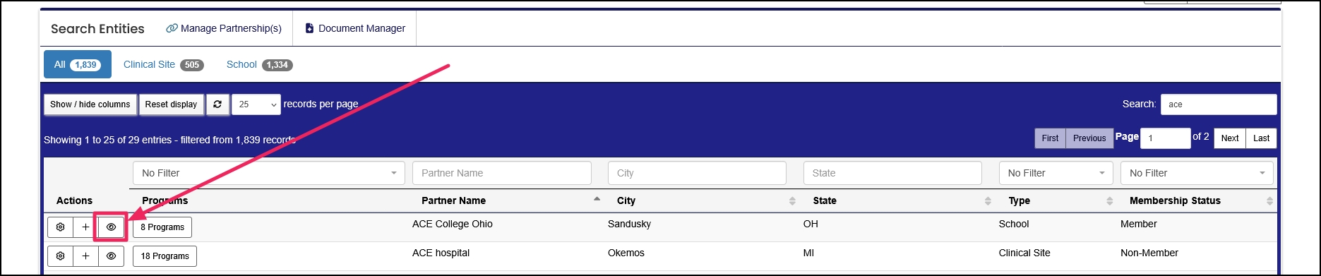 Search new partners results example highlighting View button.