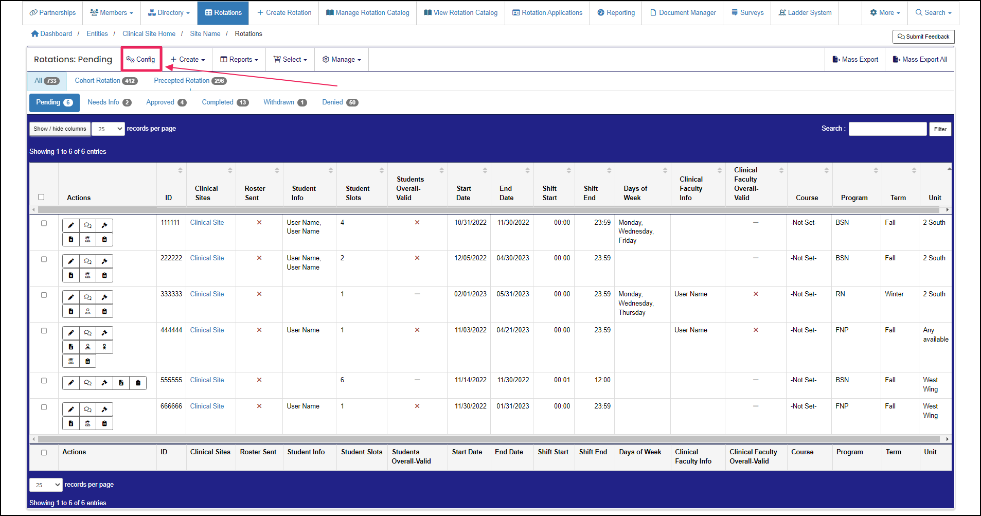 Rotations table highlighting Config button.