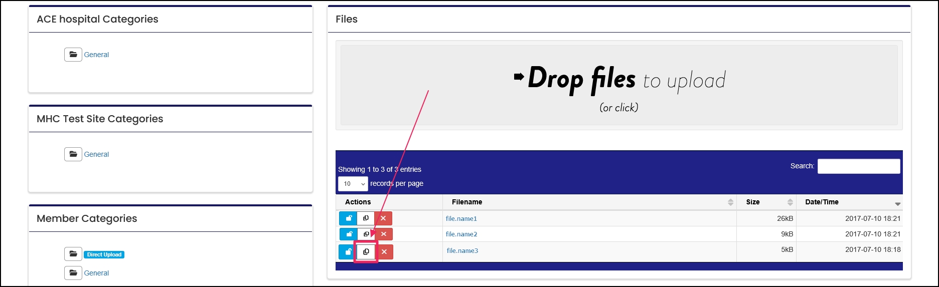 Uploaded files table highlighting move file button.