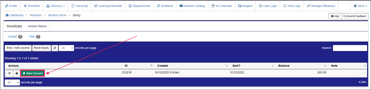 billing page highlighting make payment button