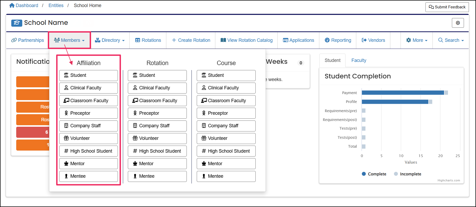User homepage highlighting Members dropdown and Member type Affiliation column.