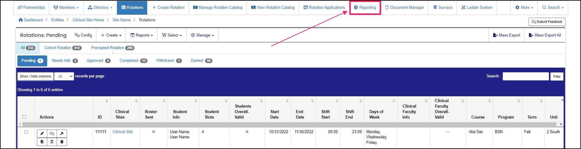 Rotations table highlighting Reporting button in top nav bar.