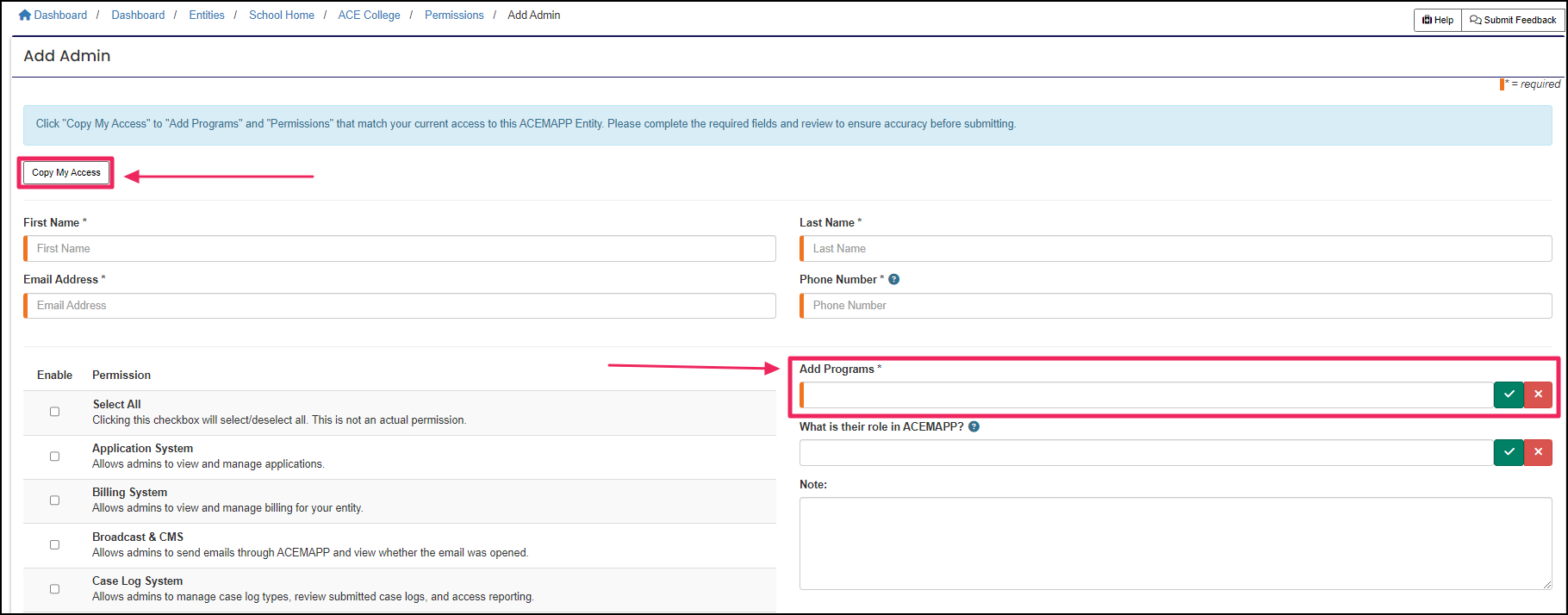 Add admin page with the copy my access button and programs field.