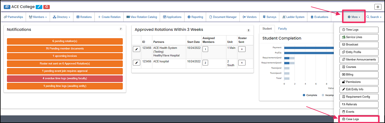 users nav bar highlighting More dropdown button and Case Logs button in dropdown