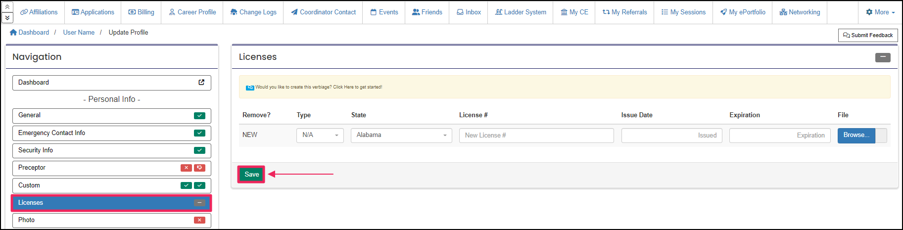 License fields in profile with save button.
