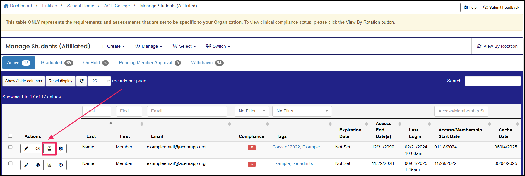 Manage students affiliated table, highlighting the requirements button.