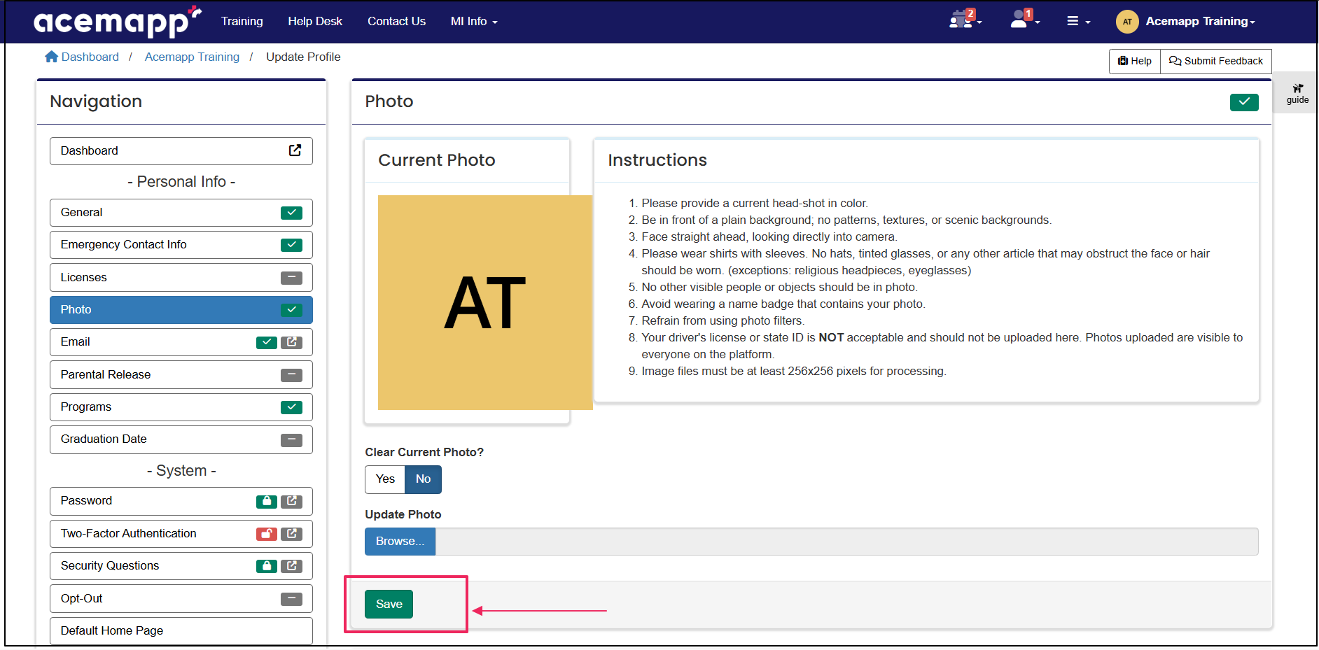 profile photo update page with save button highlighted!