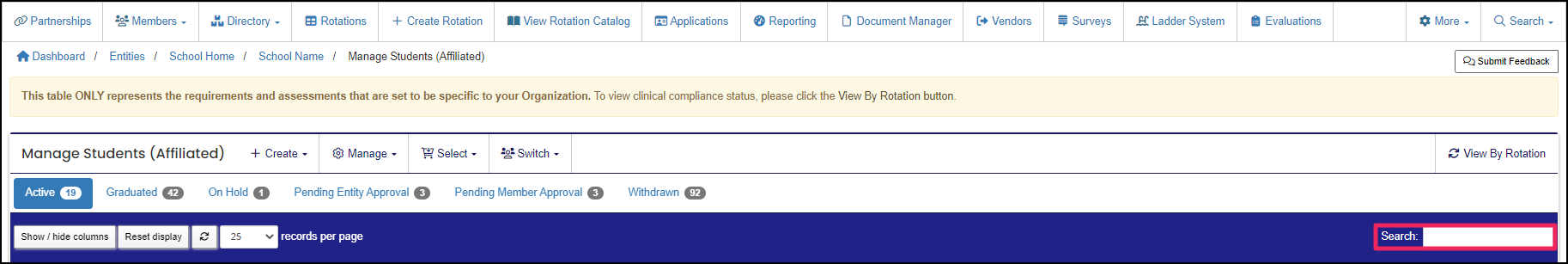 Manage Students table example highlighting Search field.