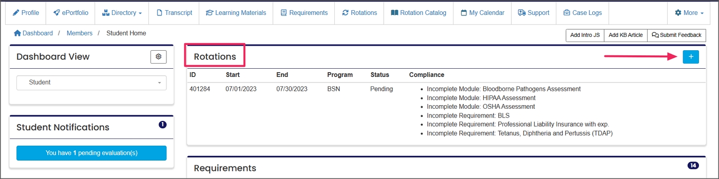 Member home page example highlighting Rotations panel.