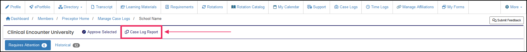 Manage case log table highlighting the report button.