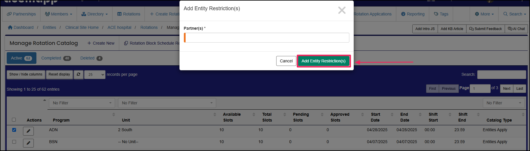 Add entity restrictions pop-up containing the field to enter entity names and highlighting the add entity restrictions button.