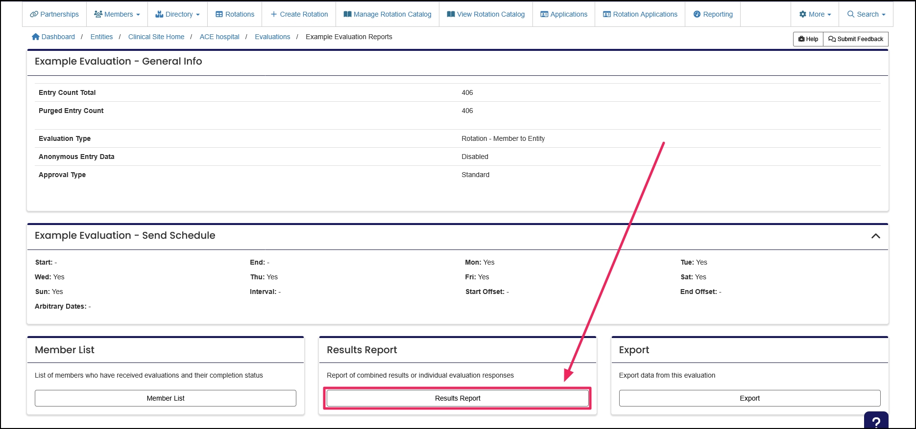 Evaluations reports dashboard highlighting Results Report button.