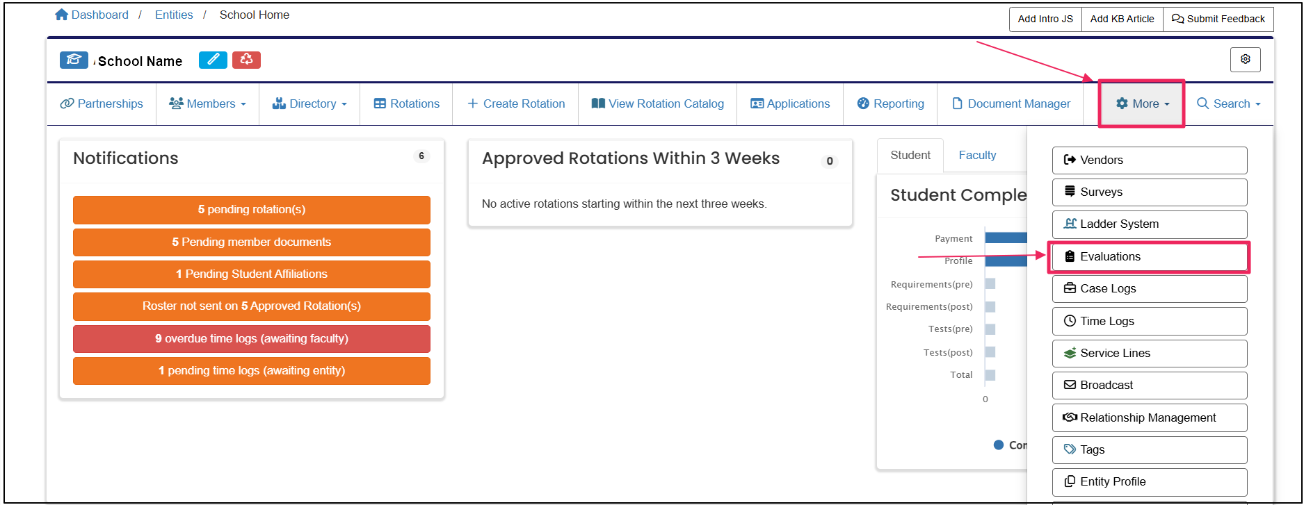 Home page highlighting the evaluations tab