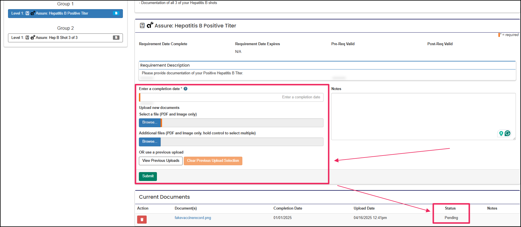 Member tiered requirement showing the required upload fields and pending status