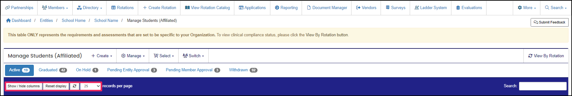 Manage Students table example highlighting table options.