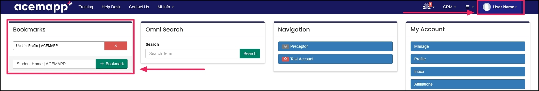 Drop-down from avatar/name highlighting member name and Bookmarks section.