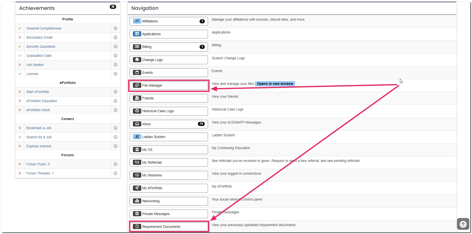 Main navigation page highlighting file manager button and requirement documents button.