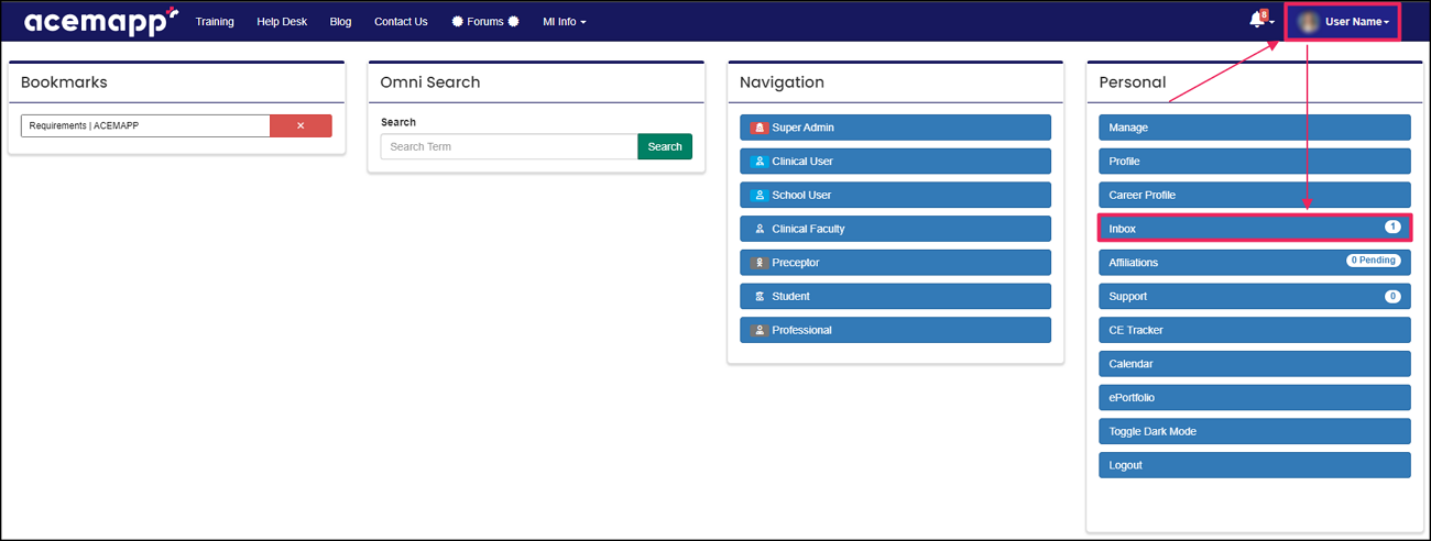 Click user name and select Inbox from drop down.