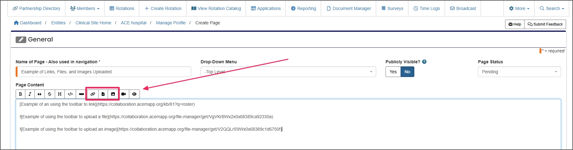 toolbar icons for links, files, and images