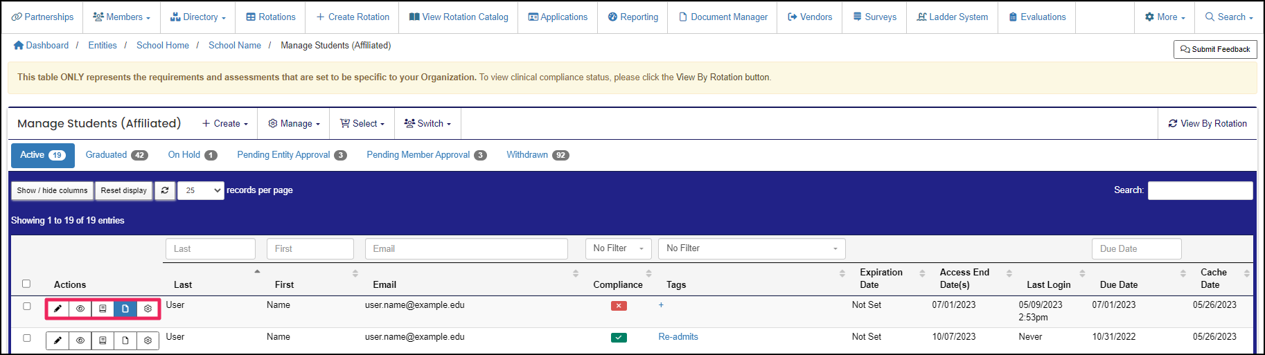 Manage Students table example highlighting Action buttons.