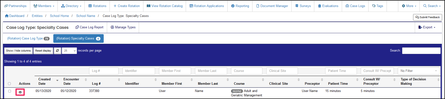 Case Log Type table highlighting View button.