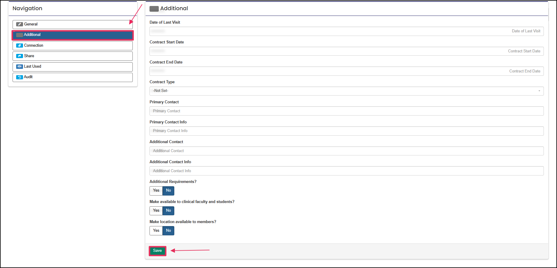 Add Entity additional information form example highlighting Additional button and Save button.
