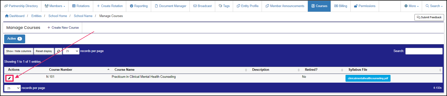 Manage Courses table highlighting Edit button.