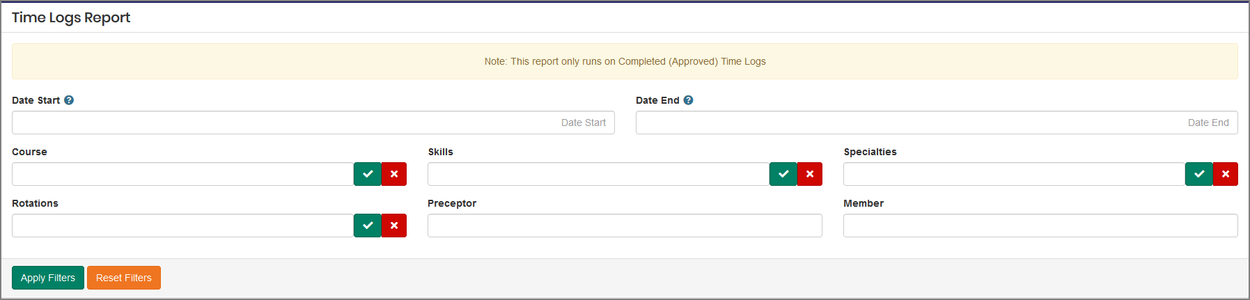 Time Log Report filter options example.