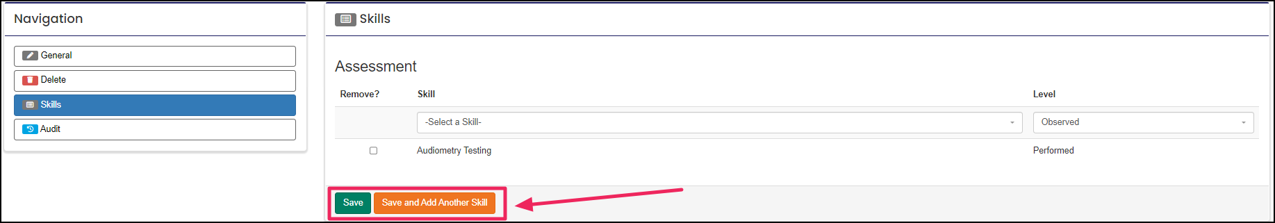 Skills page highlighting the Save button and the Save and Add Another Skill button.