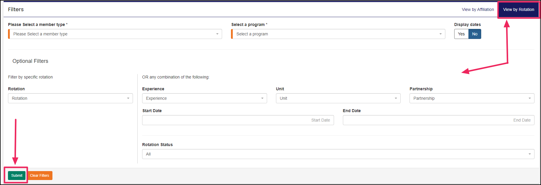 View by rotation button and submit button for the incomplete member report.
