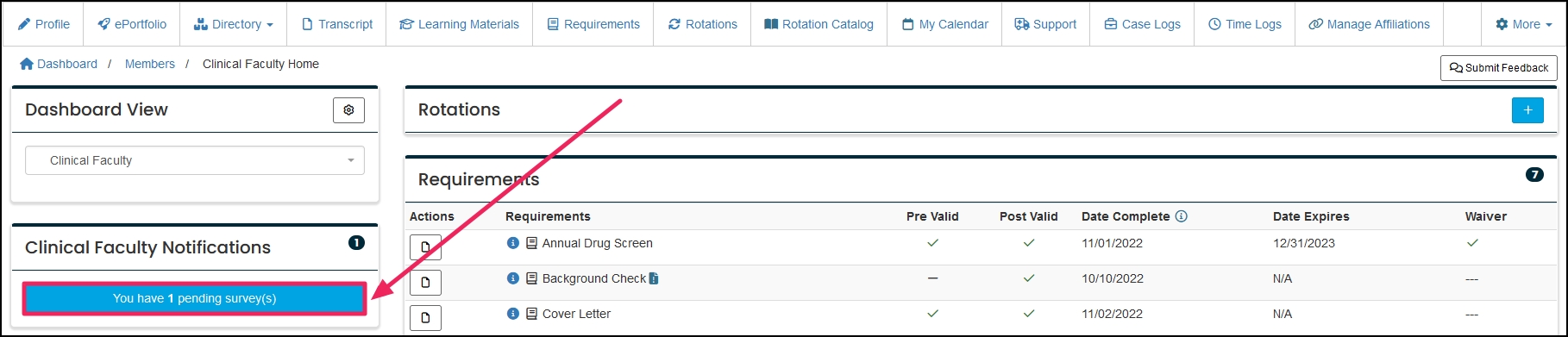 Pending survey notification button on member's home screen.
