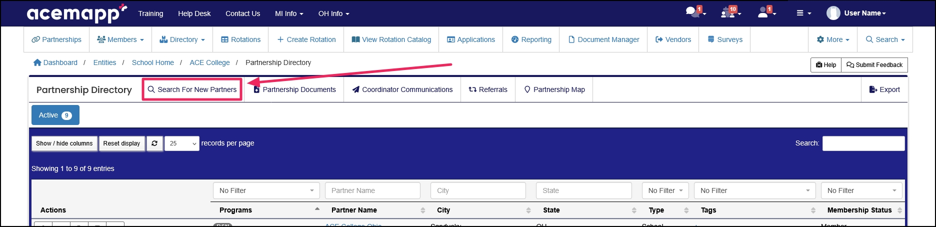 The Partnership Directory highlighting Search for New Partners button.